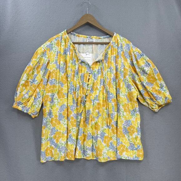 Sabo Leta Top Womens Lg Yellow Floral Puff Sleeve Pintuck Cottage Coastal Boho - Picture 2 of 14